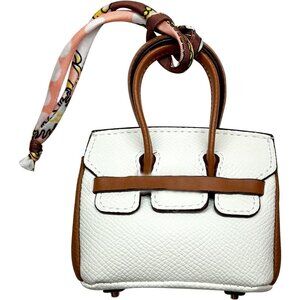Women's Cute Mini Leather Key Chain Charm Clothing Pocket Off White Tote Bag